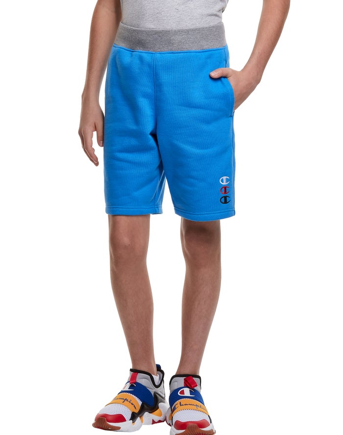 Champion Boys Shorts NZ - Reverse Weave Fleece Triple Stacked Logos Blue ( 4319-JPIHN )